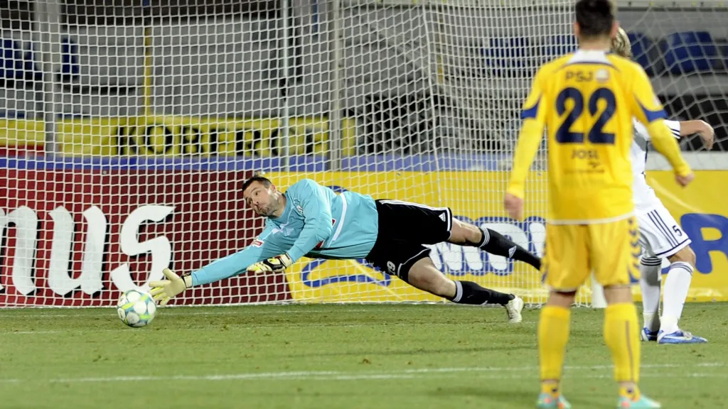 Brankář Českých Budějovic Michal Daněk inkasuje gól