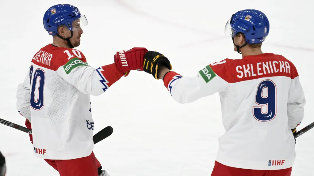 Roman Červenka a David Sklenička se radují z gólu na mistrovství světa