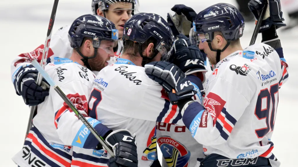 Hokejisté Vítkovic se radují z gólu 