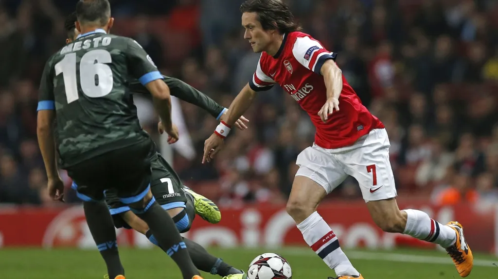 Tomáš Rosický z Arsenalu v zápase Ligy mistrů proti Neapoli