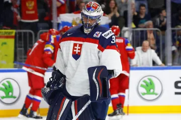 Zklamaný slovenský brankář Július Hudáček v zápase proti Rusku