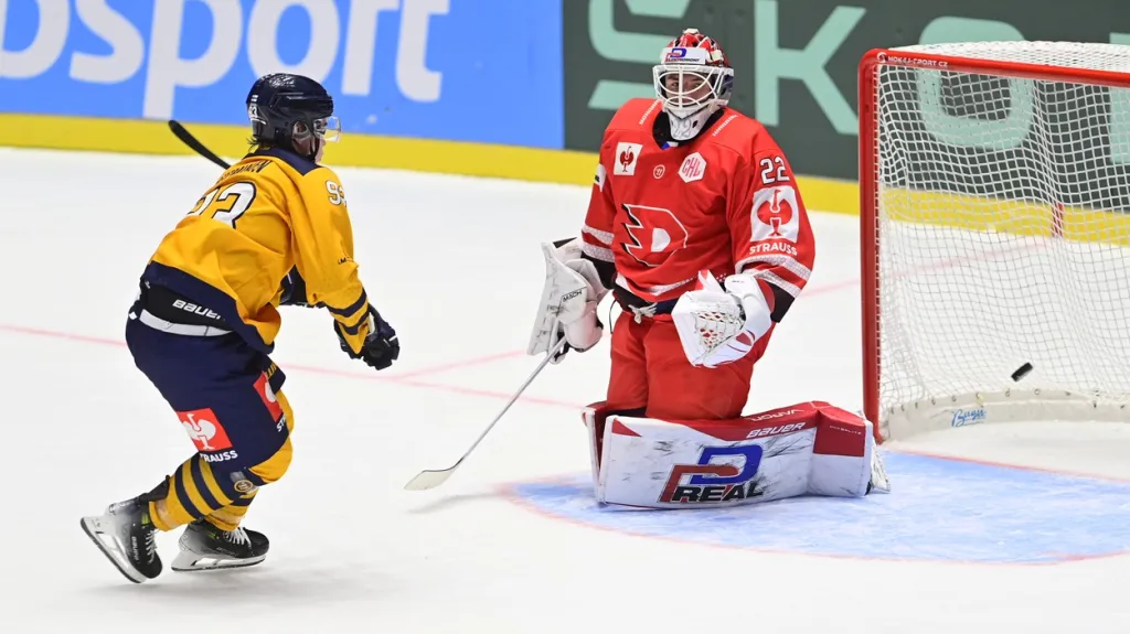 Pardubický brankář Roman Will inkasuje v utkání Ligy mistrů s Lukko Rauma