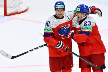 Roman Červenka slaví gól proti Slovensku s Lukášem Sedlákem
