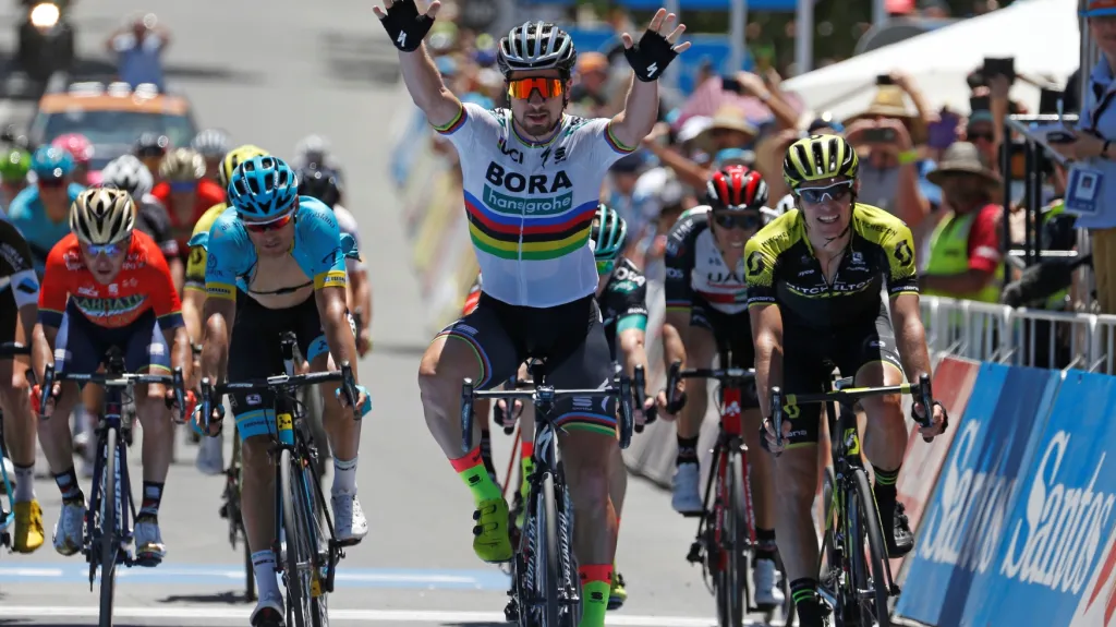 Slovenský cyklista Peter Sagan se raduje z vítězství v etapě na Tour Down Under