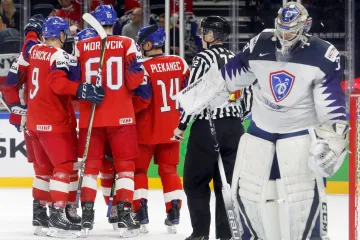 Čeští hokejisté se radují z gólu v síti Francie