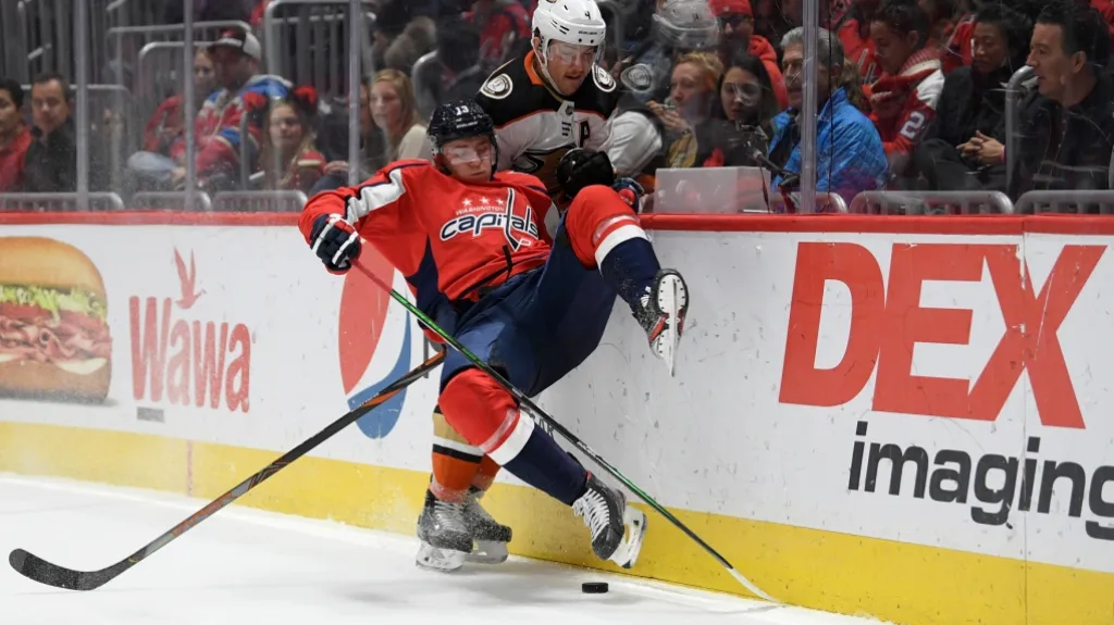 Jakub Vrána z Washingtonu Capitals v souboji s Camem Fowlerem z Anaheimu