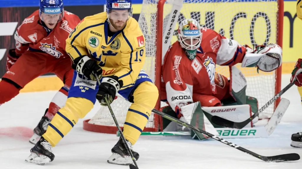 Brankář Roman Will a obránce Andrej Šustr v utkání proti Švédsku