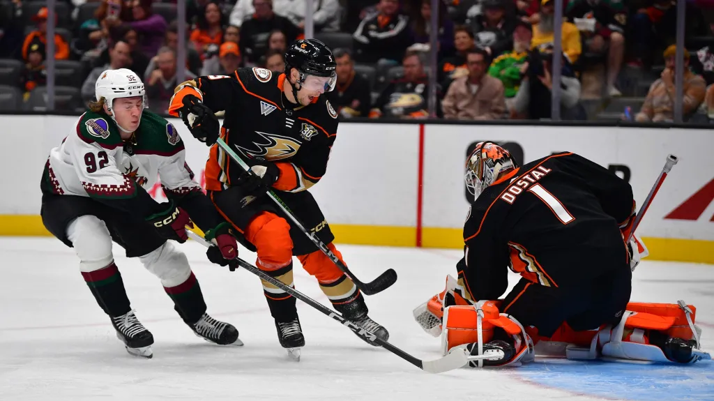 Lukáš Dostál z Anaheimu (vpravo) v utkání NHL proti Arizoně