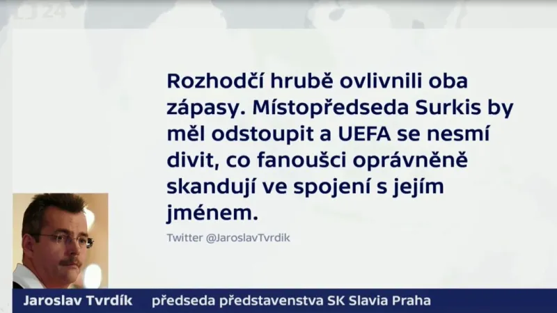 Slavii se nelíbily výroky rozhodčích, Tvrdík kritizoval ovlivnění zápasu