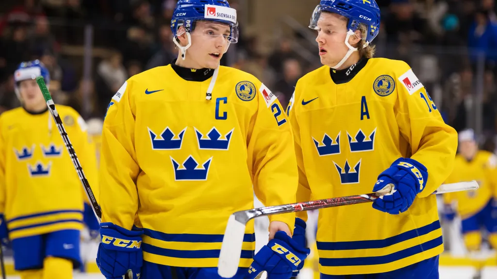 Švédští hokejisté Lias Andersson a Alexander Nylander 