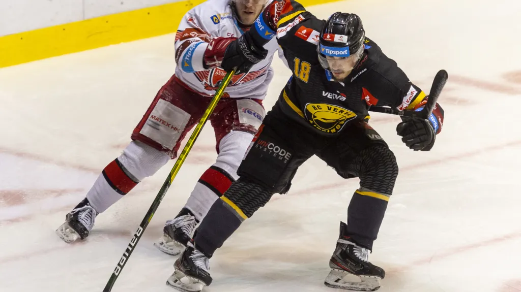 Královéhradecký Filip Pavlík (vlevo) v utkání proti Litvínovu