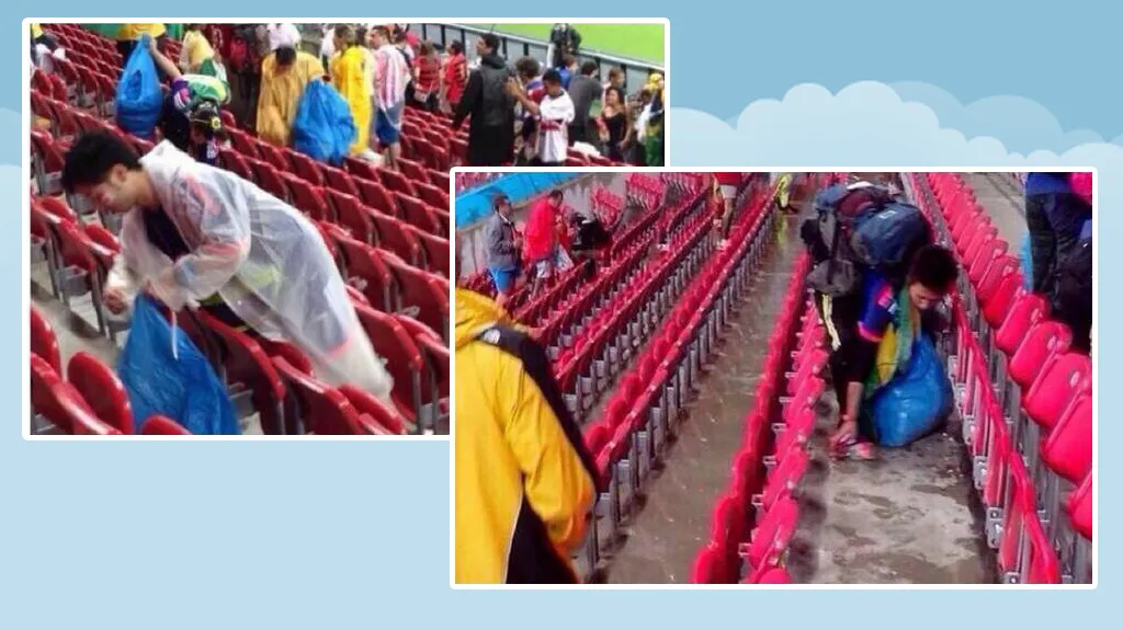 Japonští fanoušci uklízí po zápase tribunu
