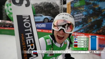 Vítězný skok Lanišeka na mamutím můstku v Planici