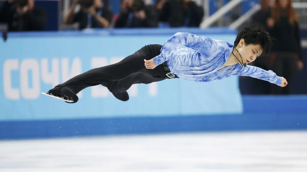 Vítěz krátkého programu Hanyu při jenom z prvků