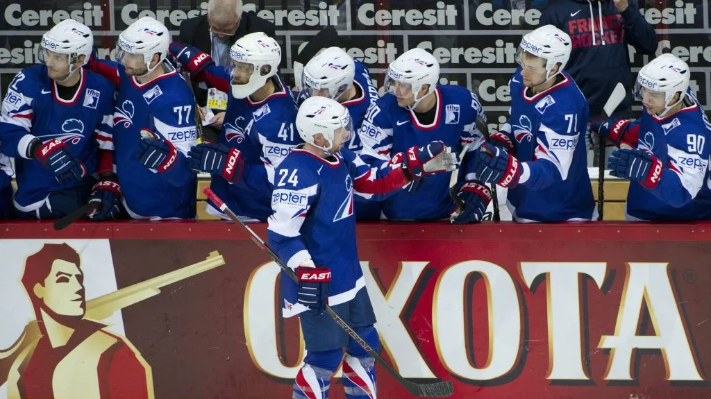 Francouzští hokejisté slaví gól