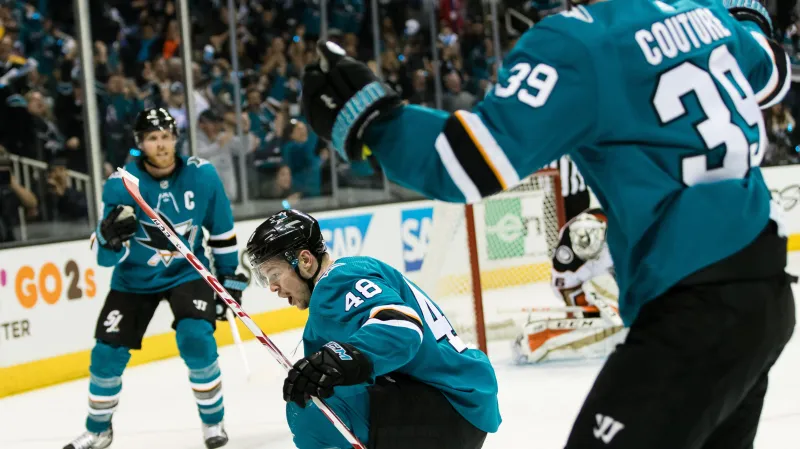 Tomáš Hertl se raduje z gólu se spoluhráči ze San Jose Sharks