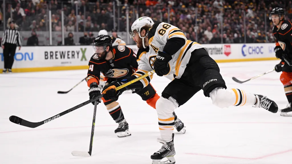 David Pastrňák z Bostonu střílí na branku Anaheimu