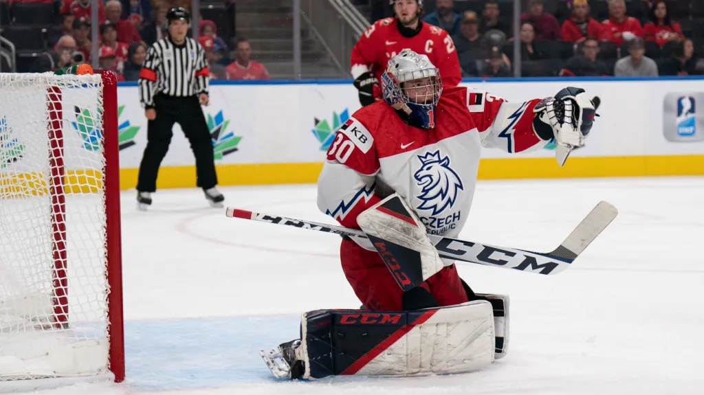 Brankář Tomáš Suchánek zasahuje v utkání MS hráčů do 20 let s Kanadou