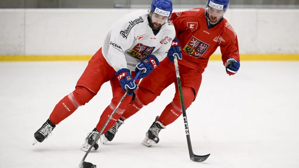 Reprezentační obránci Libor Zábranský a Filip Pyrochta při tréninku