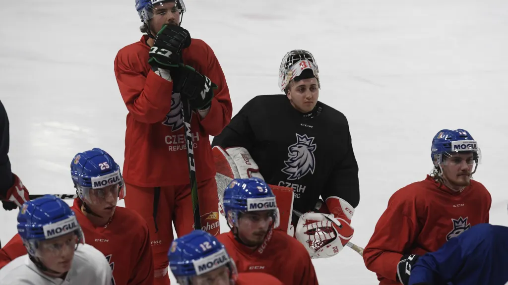 Čeští hokejisté do 20 let, s maskou brankář Nick Malík