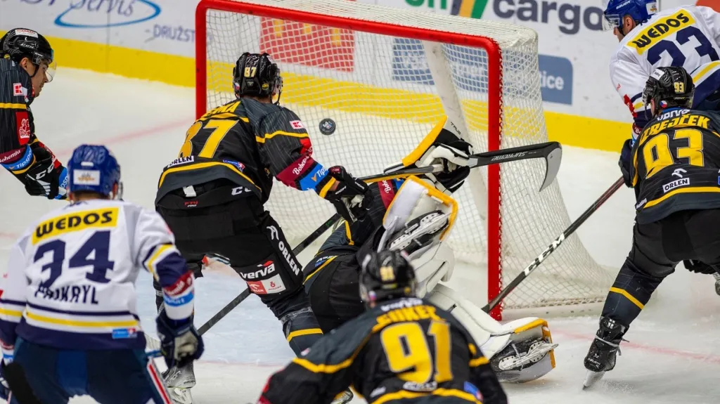 Brankář Litvínova Denis Godla inkasuje gól v Českých Budějovicích