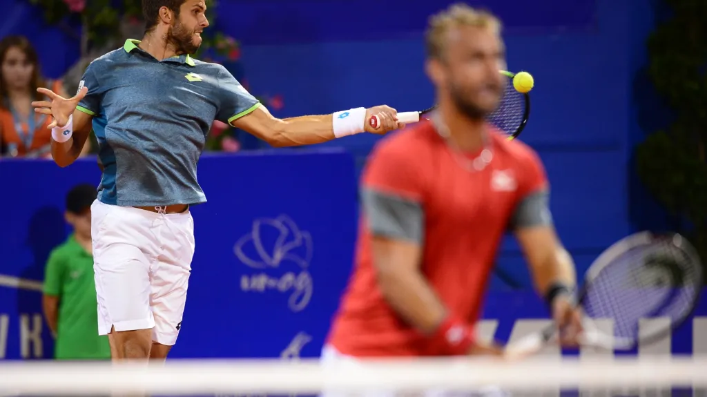 Tenisté Jiří Veselý (v modrém) a Roman Jebavý