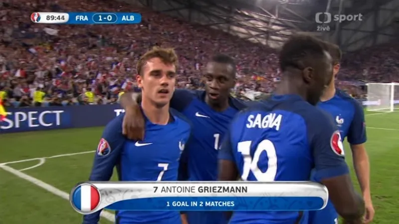 Gól v utkání Francie - Albánie: Griezmann - 1:0 (90. min.)