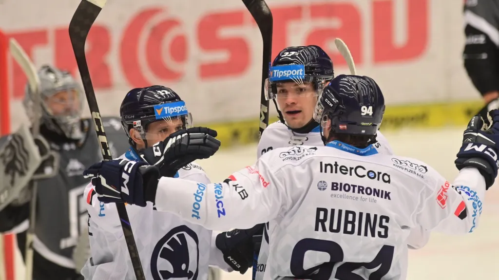 Radost hokejistů Plzně v utkání proti Karlovým Varům