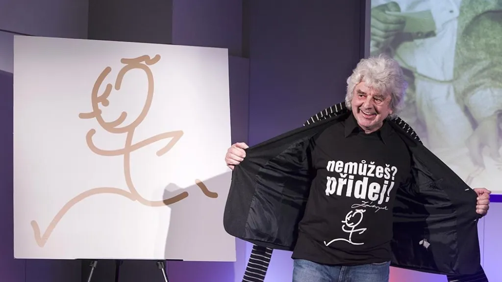 Milan Jaroš představuje Zátopkovu kresbu jako olympijský motiv