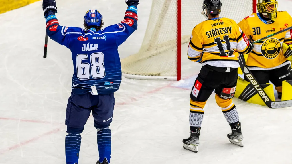 Jaromír Jágr slaví gól do sítě Litvínova