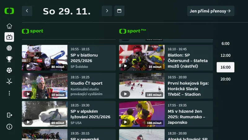 Sekce Živě a program v HbbTV aplikaci ČT sport