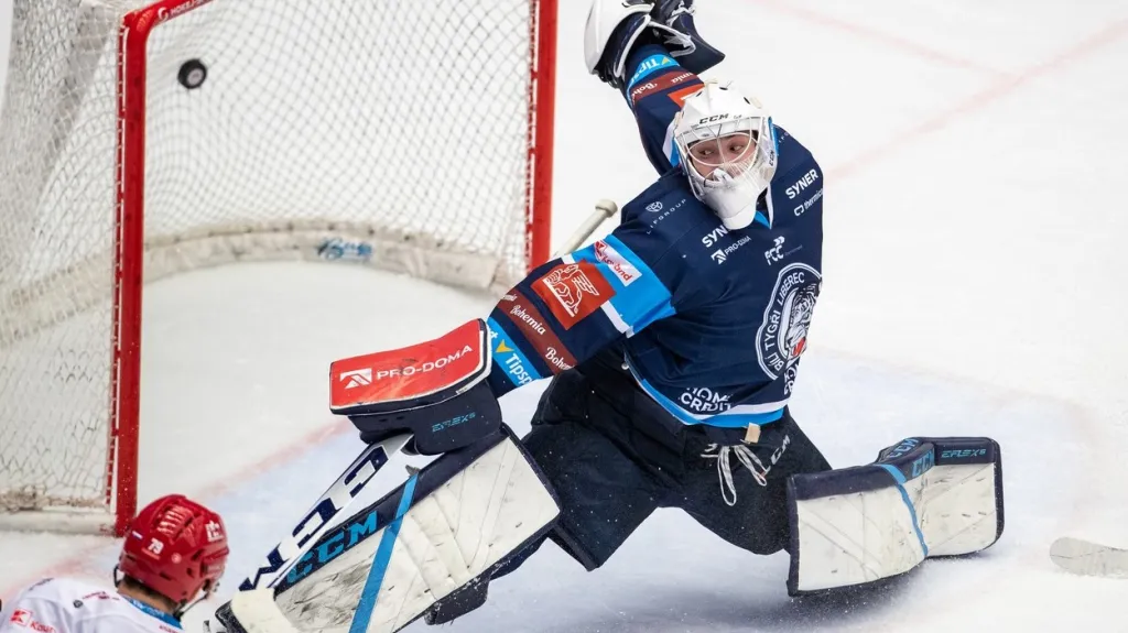 Liberecký brankář Jakub Neužil inkasuje na ledě Třince