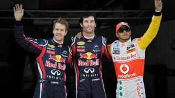Sebastian Vettel, Mark Webber a Lewis Hamilton
