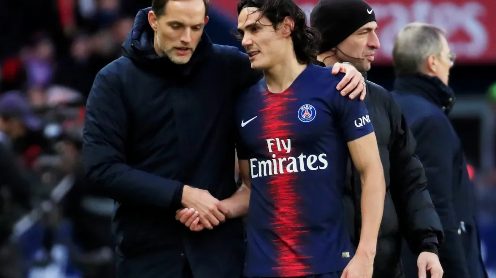 Kouč PSG Thomas Tuchel a Edinson Cavani