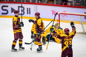 Jihlavští hokejisté se radují v utkání proti Litvínovu