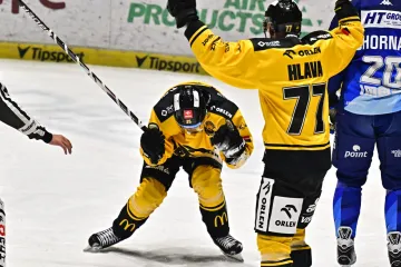 David Kaše a Nicolas Hlava z Litvínova se radují z gólu proti Kometě