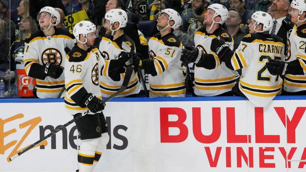 David Krejčí se raduje se spoluhráči z Bostonu ze vstřelené branky