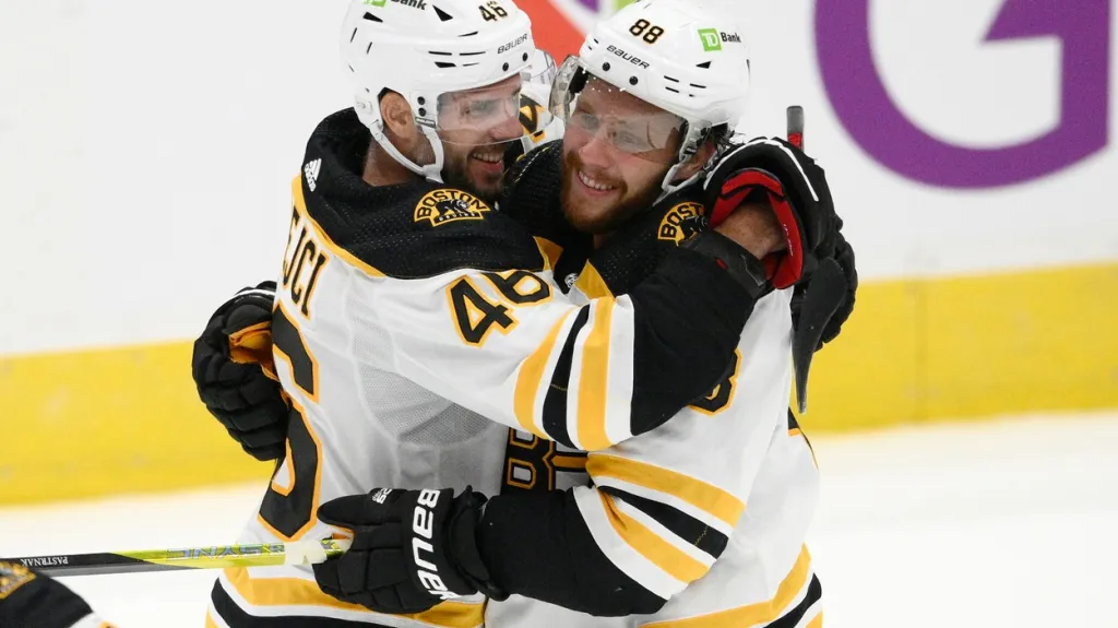 David Krejčí (vlevo) a David Pastrňák se radují z gólu Bostonu