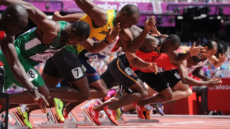 Usain Bolt na startu 100 m finále