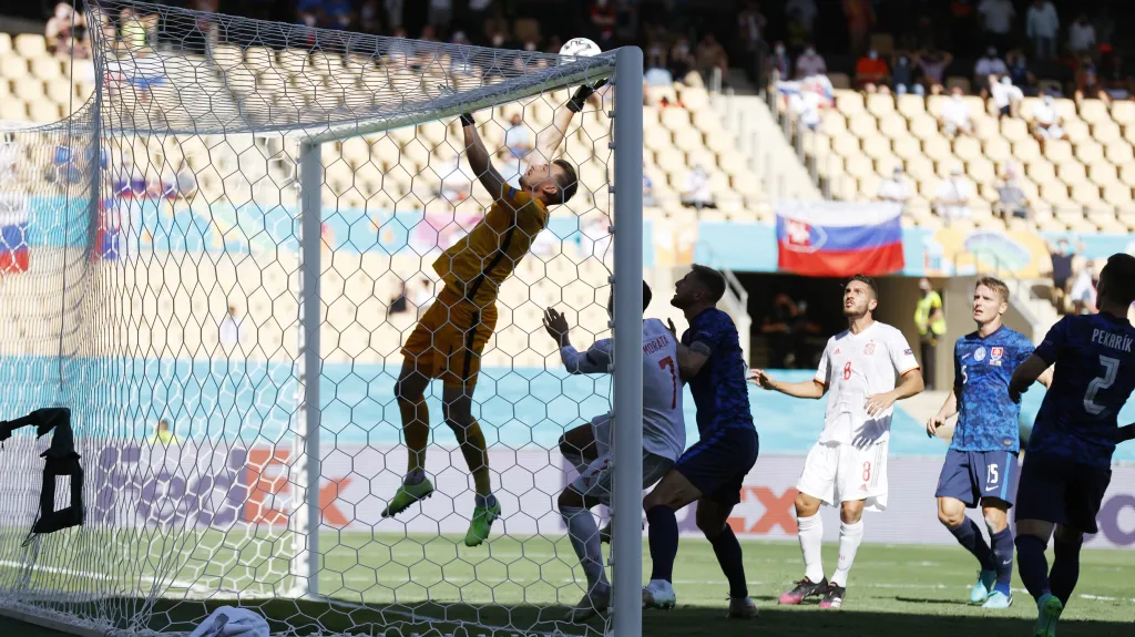 Slovenský brankář Martin Dúbravka při nešťastném zákroku v zápase proti Španělsku