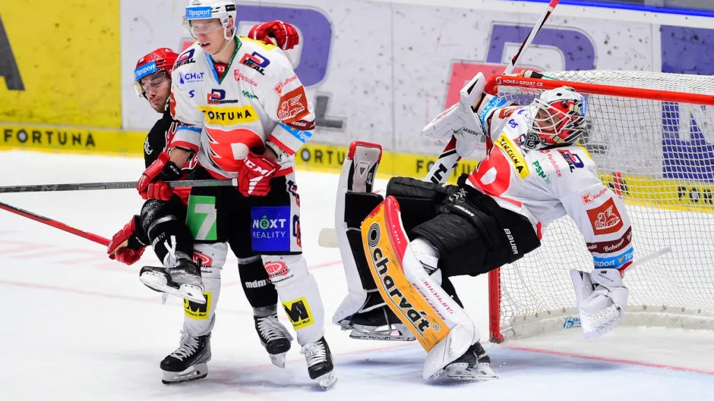 Pardubický brankář Roman Will v kontaktu s hráči před brankou