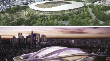 Porovnání návrhů olympijských stadionů: nahoře návrh Kenga Kumy, níže varianta Zahy Hadidové