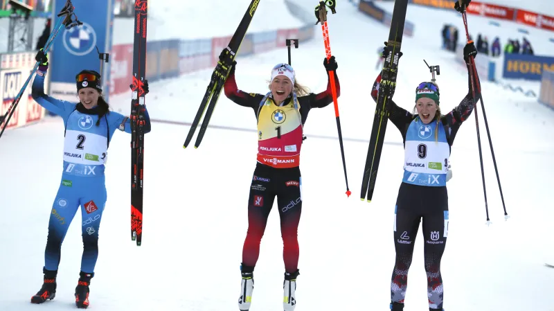 Chevalierová-Bouchetová, Eckhoffová a Hauserová v cíli stíhačky MS