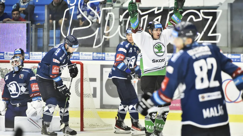 David Šťastný z Mladé Boleslavi se raduje z gólu v síti Plzně