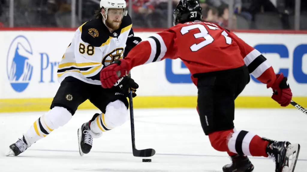 David Pastrňák obchází Pavla Zachu