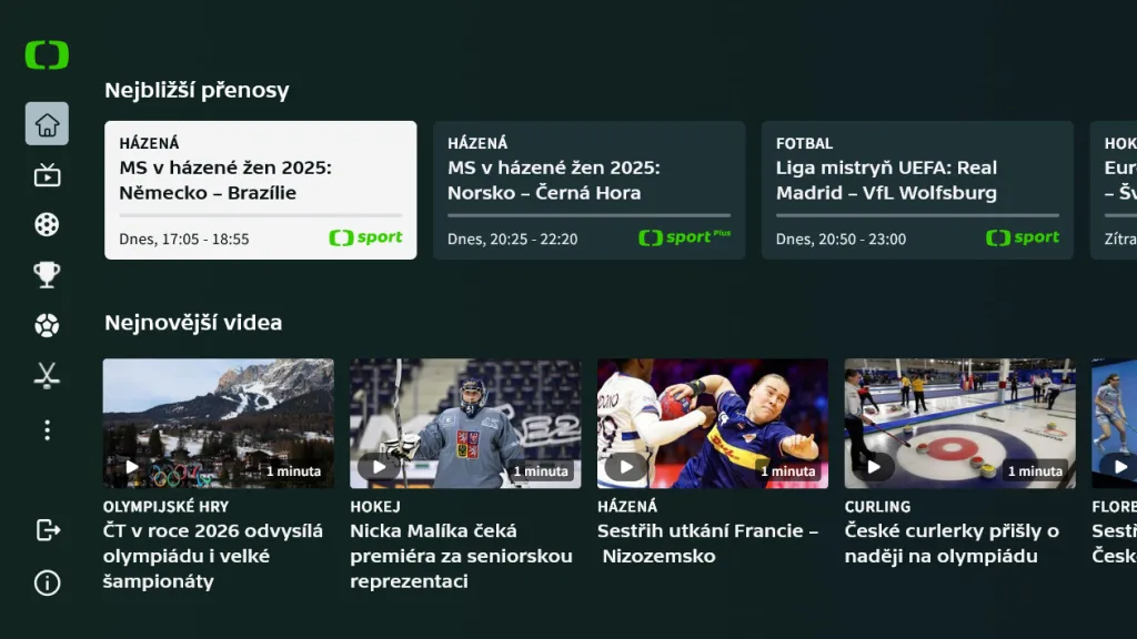 Hlavní stránka nové HbbTV aplikace ČT sport