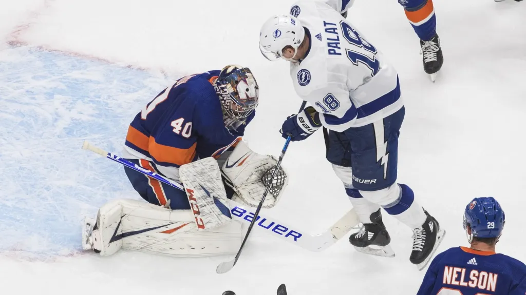 Ondřej Palát se snaží překonat Semjona Varlamova