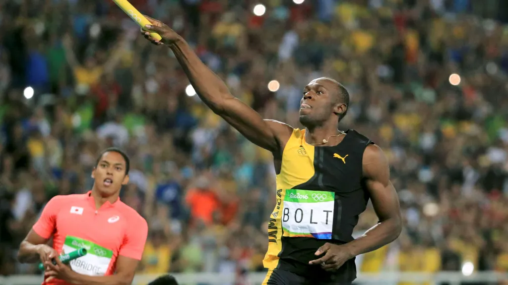 Usain Bolt v cíli sprintu štafet